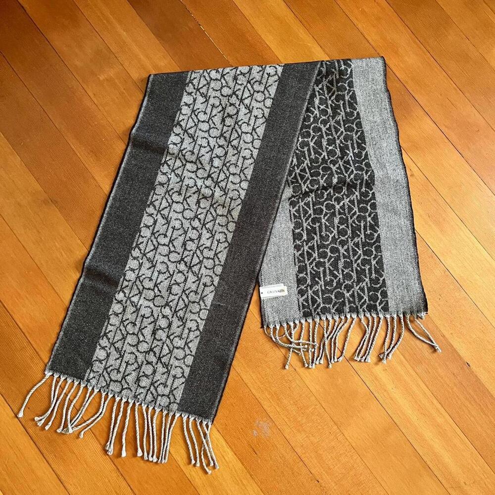 Calvin Klein Y2K Grey & Black Logo Fringe Scarf